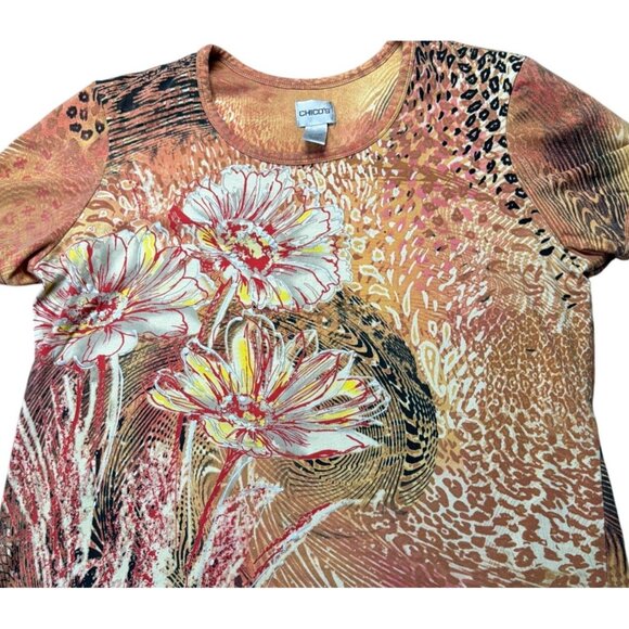 Chicos Women's Floral & Animal Print Short Sleeve Top Size XL Stretch Cotton - Picture 2 of 6